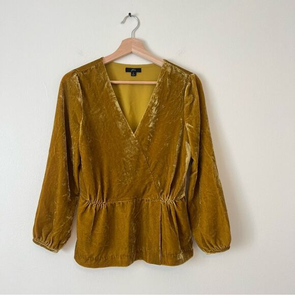 J. Crew Faux Wrap Velvet Long Sleeve Blouse Size 2 in Mustard Yellow - Picture 2 of 11